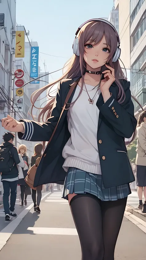 Anime Girls with headphones on walking across a busy city street, Beautiful anime school girl, Lofty Girl, Anime atmosphere, Anime Style 4 k, young Anime Girls, Anime Aesthetics, an Anime Girls, Anime Style illustration, retro Anime Girls, Anime Style. 8k,...