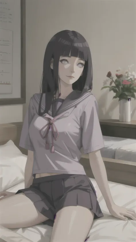 highres, ultra detailed), masterpiece, hinata(boruto), solo, 1girl,medium breasts, (((high school))), ((((high school attire)))), smile, (((long hair))), blink blink effect, (((detailed lips))), knee crop, school building, from side, (((dark purple hair)))...