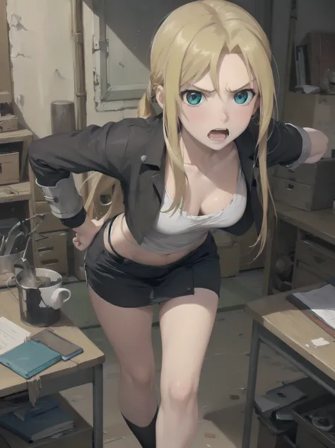 1girl,winry rockbell,fullmetal alchemist,
angry , open mouth,pose,
leaning forward, focus on face,
broken mechanical  parts on desk,, (masterpiece:1.2),(best quality:1.2),newest,   ai-generated,