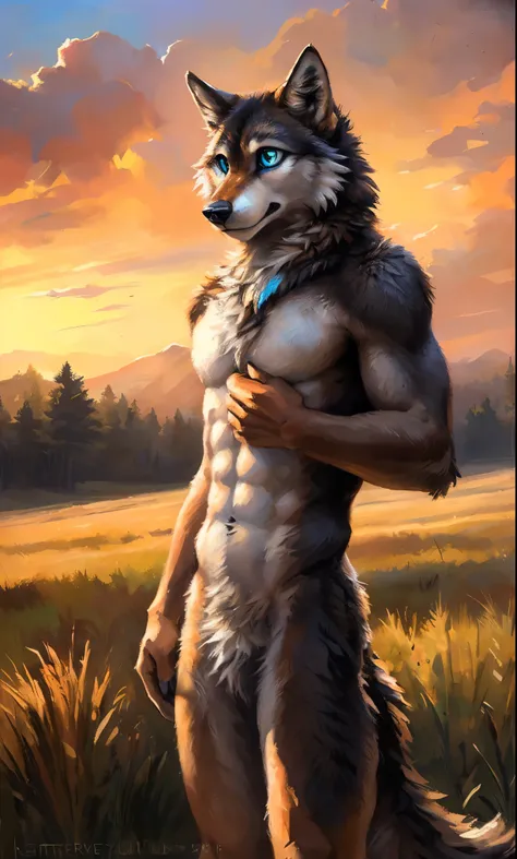 ((Solo)), male people, anthro wolf, (Multi-colored fur, White-brown:1.3，White tail pointed), (Height 2.1m,Tail length 1.5m), ((Wolf face, Big eyes, White eyelids, Blue pupil, Slim:1.2) (Tough, Calm expression:1.2)), Abs, Slim, pinging)), (Correct anatomy),...