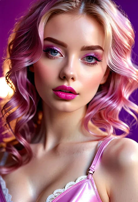 (((ultra realistic))) Photo, masterpiece, top quality, (pale skin), (Ultra detailed face and eyes:1.3), 1 girl, Adult, in a dress, ((Eye makeup, pink mascara)), ((large detailed lips)), ((Pink wavy hair)), ((Stylish hairstyle)) , (Natural breasts), (Slim w...