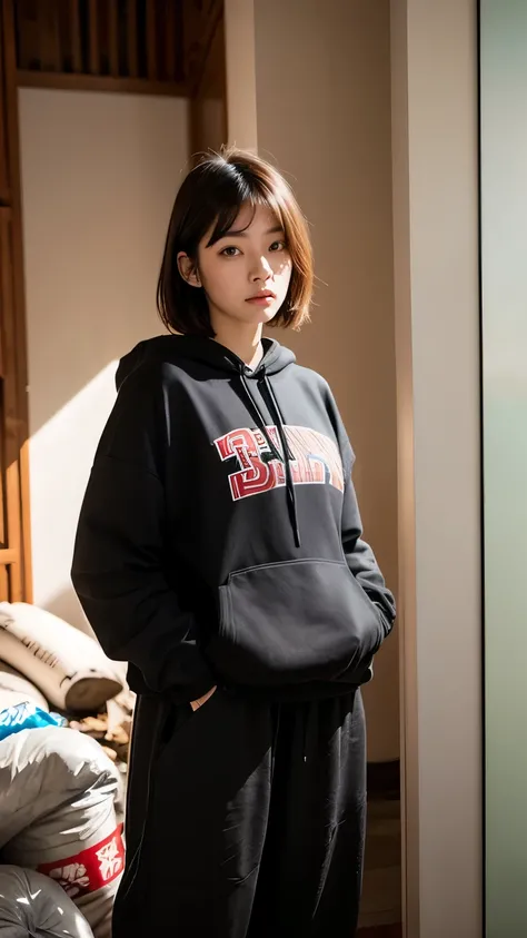 18-year-old,Korean women,(((Facing forward))),(((Frowning,カメラをGlaring))),(Very fine eye), (((Wearing a black hoodie,Wearing baggy pants))),(((Dark creepy interior))),((photograph)),((Woman in a trash dump)),(((Fabric Shading))), (((highest quality))), (((m...