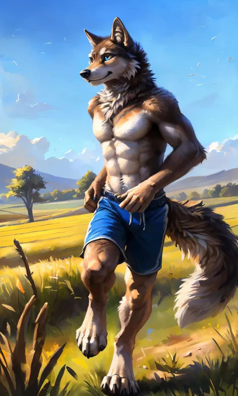 ((solo)), male people, anthro wolf, (multi-colored fur, white-brown:1.3，white tail pointed), (height 2.1m,tail length 1.2m), ((w...