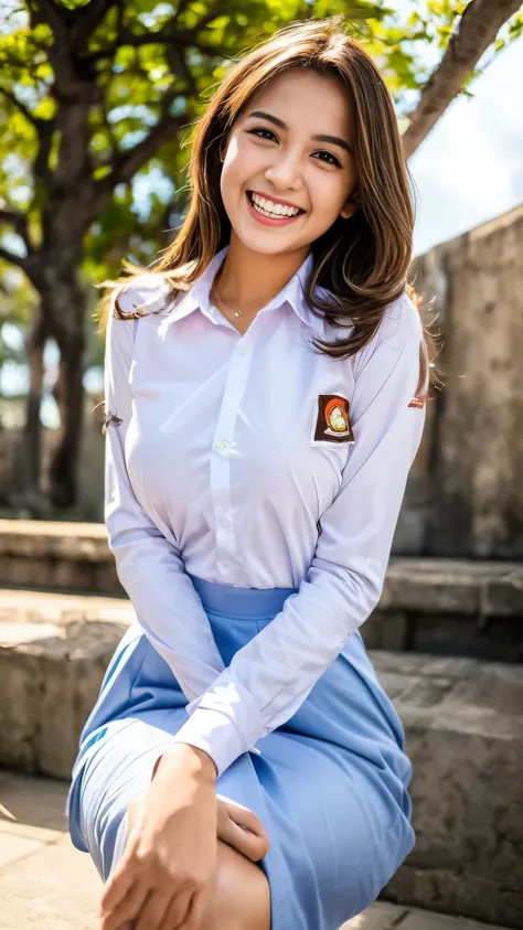 1girl, (indonesian highschool uniform), outdoors, detailed face, detailed eyes, large breasts, shiny skin, looking at the audience, (laughing cute: 1.2), (happy), (8k, RAW photo, best quality, masterpiece: 1.2), (realistic, realistic: 1.37), ultra-high res...