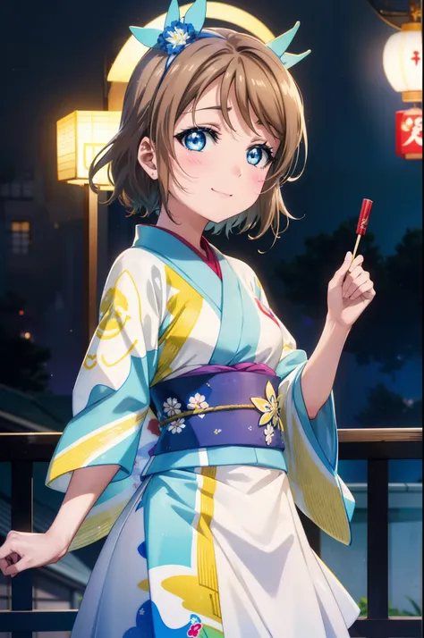 Yowatanabe, Watanabe Yo, short hair, blue eyes, brown hair, blush,Blue headband,happy smile, smile, Open your mouth,Blue Kimono,Long skirt,White tabi sandals,日本のfestival，夏festivalの屋台、Red lantern,Fireworks display,night,moonlight,
break outdoors, festival,
...