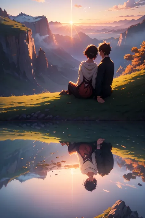 anime couple sitting on a cliff overlooking a valley at sunset, sakimichan and makoto shinkai, guweiz and makoto shinkai, (makoto shinkai), yusuke murata and makoto shinkai, anime, sunset colors, detailed characters, dreamy atmosphere, cliff landscape, flo...