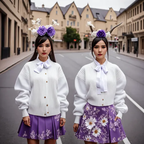 masterpiece, best quality, highres, hmsl1, horned headwear, hair flower, x hair ornament, white sweater, purple jacket, flower, long sleeves, open clothes, black bow, sleeves past wrists, skirt, cowboy shot, outdoors, street, standing