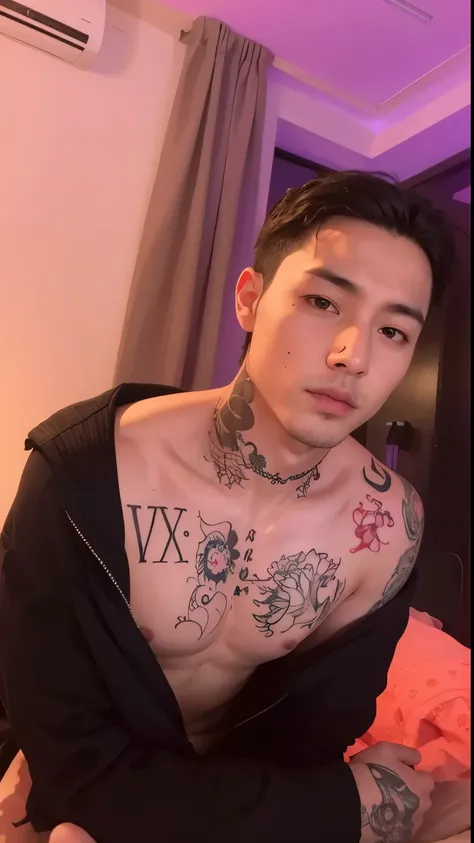 arafed man with tatuajes on his chest sitting on a bed, handsome japanese demon boy, with tatuajes, 22 years, 21 years, entintado, 27 years old, cai xukun, 23 years, asian man, with facial tatuaje, 18 years, whole tatuaje, 28 years old, tatuaje, tatuajeed