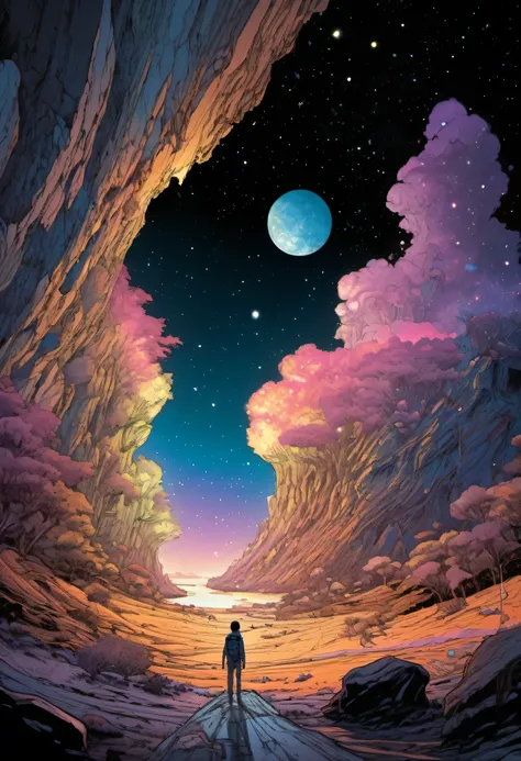 Space、high ceiling cave、diego gisbert lawrence、Josan Gonzalez、Written by Dan Mumford、Picture book illustration、Psychedelic Art、One Girl、Starlight、nebula、Starlight in the night sky、vague、Ultra-wide shot,Tabletop、highest quality、Ultra-detailed、Intensive、Gold...