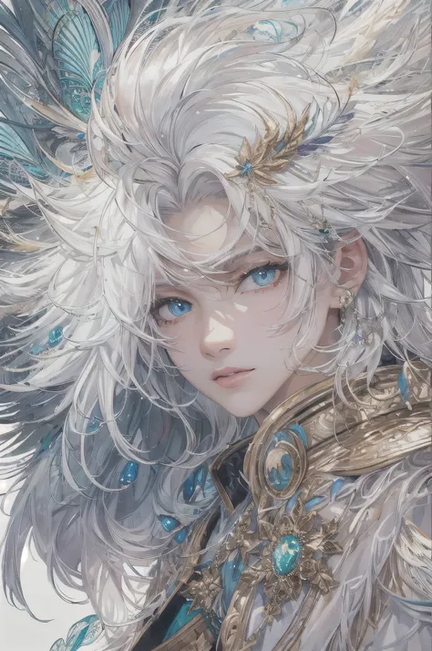 (masterpiece, highest quality, highest quality, Official Art, beautifully、aesthetic:1.2), Boy in feathers,(Fractal Art:1.3),colorful,Most detailed、White hair and blue eyes、golden ratio composition、