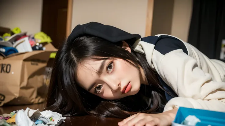 18-year-old,Korean women,(((Facing forward))),(((Frowning,painful face,カメラをGlaring))),(Very fine eye), (((Wearing a black hoodie,Wearing baggy pants))),(((The collapsing interior))),(((Old indoor))),((photograph)),((Woman in a trash dump)),(((Fabric Shadin...