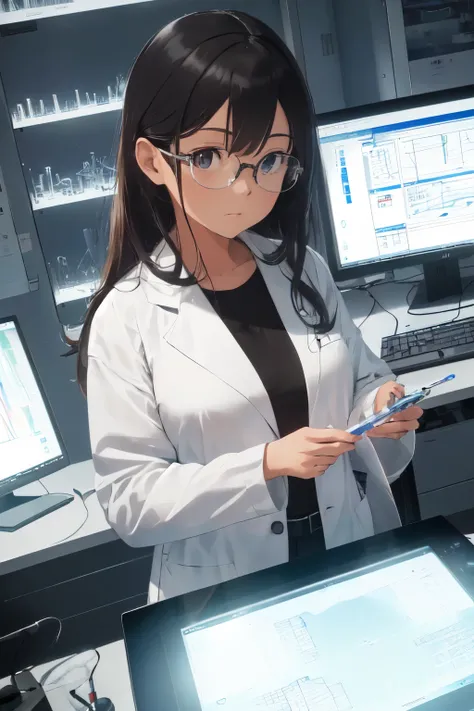 (masuter piece, Best Quality, Ultra-detailed), (A highly-advanced lab setup), 1 person in, Intense focus, White lab coat, Glasses, Test tube in hand, Scientific calculator nearby, Background buzzing with electronic hums, Light reflecting off polished surfa...