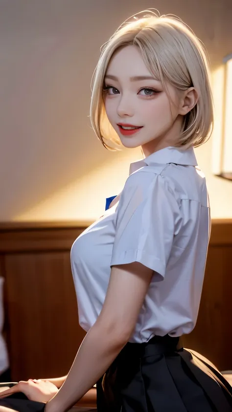 Best image quality、Live Shooting、Ultra-high resolution、21 years old Korean、Small breasts、Dynamic Angle、Cowboy Shot、Chaos in its most beautiful form、elegant、brutalism design、Vibrant colors、beautiful white hair、Short Bob、smile、smile、Glowing White Skin、Beauti...