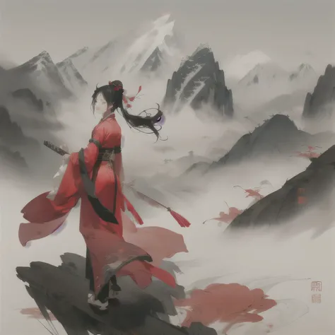 1 Girl, Solitary, Hanfu, Black Hair, Mountain, Chinese ink painting,  Back，masterpiece, arms，sword，no face, best quality, 8k, Movie Lighting, Ultra-high resolution, Chinese painting, Chinese Arts, Mountain Water，Back，weapon, sword, Red clothes， full-body s...