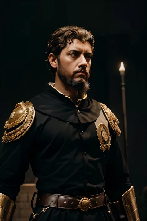 "Immerse yourself in the world of Marcus Aurelius, the wise emperor of Rome, as he stands amidst the splendor of his empire in black background. The scene is brought to life with a unique blend of styles, showcasing the contrast between power and contempla...