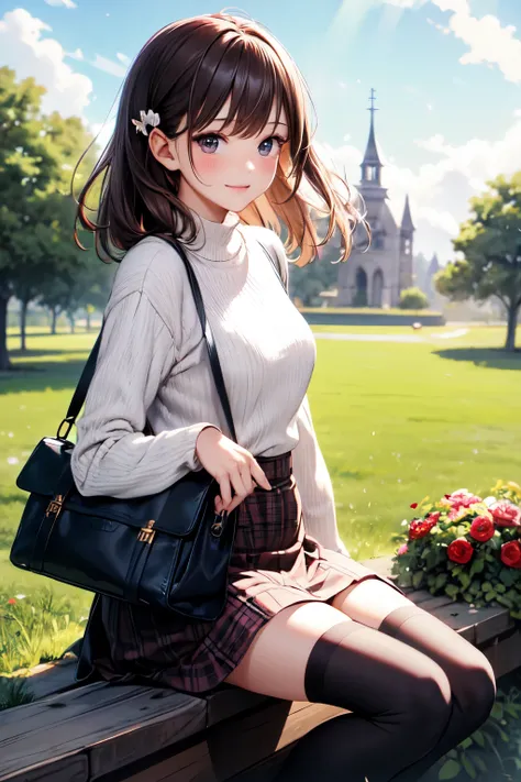 very cute and beautiful girl,teen,(highly detailed beautiful face and eyes),(smile),
(beige knit) BREAK (brown shoulder bag),(brown plaid mini skirt:1.2),zettai ryouiki,
stylish  pose,hair ornament,black hair,black boots,(arbor in rose garden),grassland di...