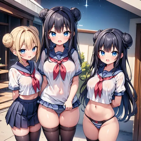 (cute eyes:1.2), (sparkling eyes:1.2),highest quality,wonderful,finely,extremely detailed CG Unity 8K wallpaper, (3 girls, Stand in line:1.2), (sailor uniform, Black Hair, Blue Eyes, double bun, clothed), (midium breasts:1.1), (open mouth:1.1), (long tongu...