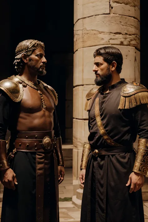 "Step into the world of ancient Rome and behold the meeting of minds between Marcus Aurelius, the great emperor, and a renowned philosopher. both standing behind a pilar The scene is alive with vibrant colors and intricate details, transporting you to a ti...