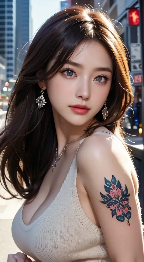 Beautiful city college girl、masterpiece、light makeup、Red lips、Silver Hair、Disheveled long hair、Background of the cityscape、beautiful、elegant。 Extremely fine detail、Master Works、Authentic texture、Realism in film lighting、Perfect job、8k、HD、exquisite features...