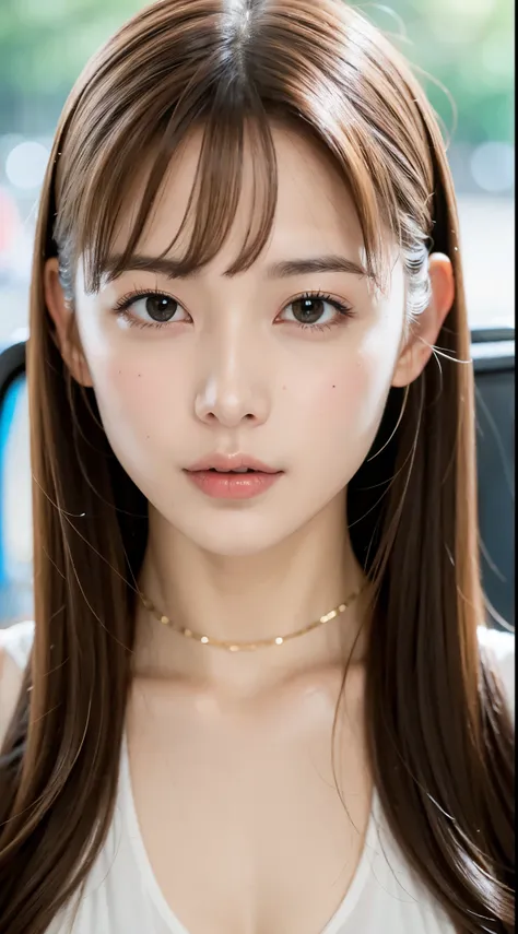 1 woman, face up, Midham Chest, light brown hair, blunt bangs, hair behind the ear, hair over shoulders, long hair, slim body, Ultra Fine Face, thin face, delicate lips, beautiful eyes, thin blush, The eyes are light brown, Perfectly glowing skin, flawless...