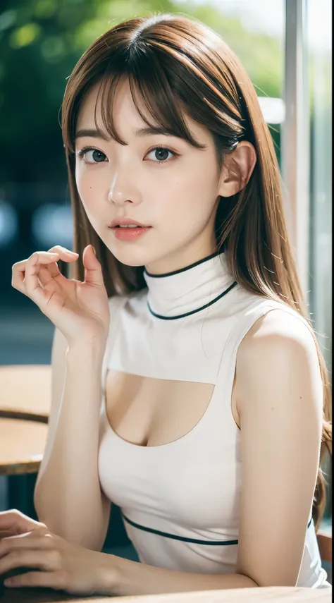 1 woman, face up, Midham Chest, light brown hair, blunt bangs, hair behind the ear, hair over shoulders, long hair, slim body, Ultra Fine Face, thin face, delicate lips, beautiful eyes, thin blush, The eyes are light brown, Perfectly glowing skin, flawless...