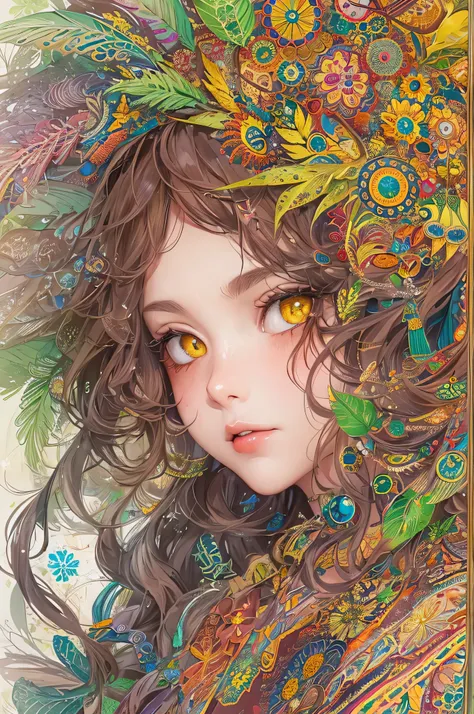 (masterpiece, highest quality, highest quality, Official Art, beautifully、aesthetic:1.2), Girl in feathers,(Fractal Art:1.4),（Zendangle Art:1.2）, colorful,Most detailed、Brown hair and yellow eyes、Detailed eyes、golden ratio composition、