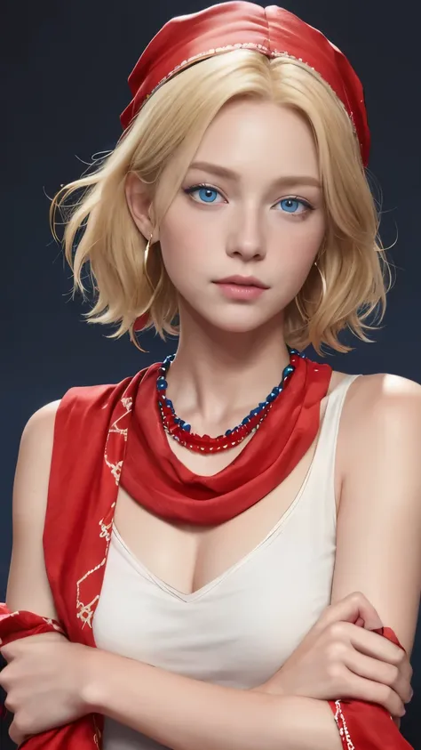 One girl, highest quality、masterpiece、超A high resolution、(Realistic), (Super high realism), (超High resolution), (Ultra high definition),  (One girl), ((Ultra-Realistic Details)),(Photorealistic:1.4),((Red Bandana;1.5)),(Blonde hair and blue eyes:1.3),Beaut...