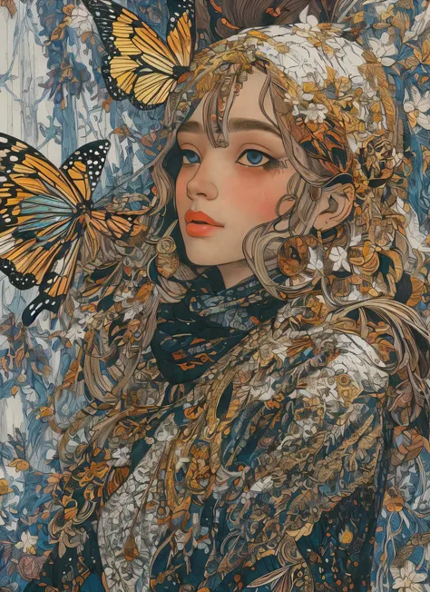 znchn style, formal, masterpiece, beautiful, high contrast, art, face focus portrait, cute girl in fantasy clothes, butterfly, l...