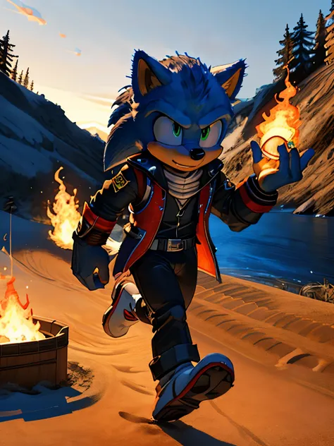 sonic_the_hedgehog running in a road, forest on fire with meteorite on the sky background,outside,(an ultra-high picture quality...