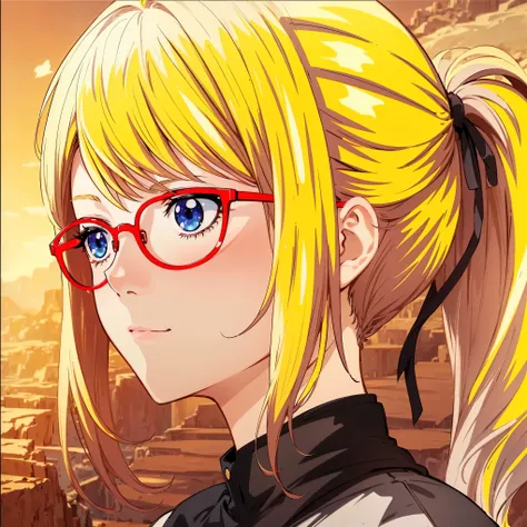 (best quality,4k,8k,highres,masterpiece:1.2),ultra-detailed,(realistic,photorealistic,photo-realistic:1.37),colorful anime,portrait,sad girl,red glasses,ponytail,vibrant colors,sparkling eyes,blonde hair,innocent smile,sunshine filtering,soft lighting,back...