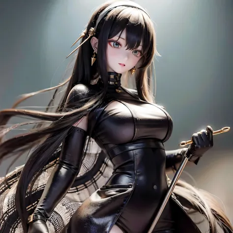 (highest quality,4K,High resolution,masterpiece:1.2),Very detailed,Realistic,Long black hair,Beautiful fine details,beautiful lip detail,Wielding a weapon,long flowing hair,Serious expression,Dark atmosphere,Sharp focus,Detailed Weapons,Studio Lighting,Vib...