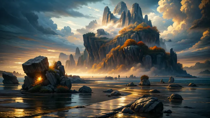 (masterpiece, best quality:1.2), Super Detail, Movie Lighting, High Dynamic Range, illustration, Huge rocks form habitats in the ocean, Floating Island, fall, pumice, cloud, FOG, Colorful, Woman Travel, mystery, Very detailed, High contrast, Golden Ratio C...