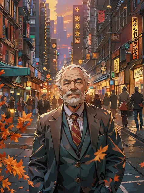 (best quality,4k,8k,highres,masterpiece:1.2),ultra-detailed,(realistic,photorealistic,photo-realistic:1.37),portrait, muscular old man, cityscape background, happy expression, autumn colors, stylish suits and ties, vector art style, mwvector, vibrant color...