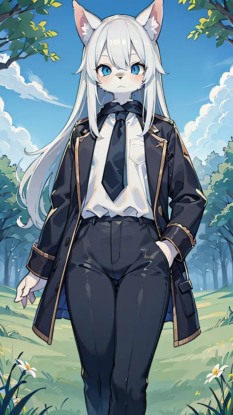 (masterpiece, highest quality))), Intricate details, 8k, Dog Ears, One Man, Slender figure, anime, Tall, White hair color, White clothing, Black trousers, furry, In the middle, Blue eyes, Straight Hair, grassland, Expressionless, 