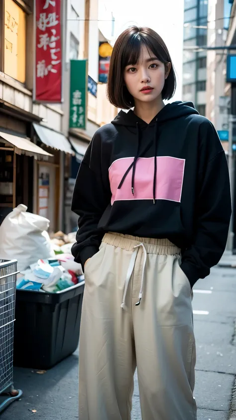 (((street dancer))),(((Perfect Fingers))),18-year-old,Korean women,Downtown trash dump,(((Facing forward))),(((Frowning,カメラをGlaring))),(Very fine eye), (((Wearing a black hoodie,Wearing baggy pants))),((photograph)),((Woman in downtown)),(((Fabric Shading)...