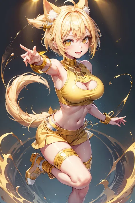 girl, full body, cartoon style, chibi style, cute, dog tail, dog ear, beautiful face, smile face, yellow color eye, beautiful eye, high detailed pupil, double eyeylid, high detailed skin, high quality skin, yellow color hair, very short hair, beautiful tit...