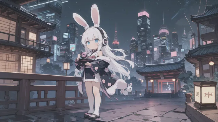 long side shot,spectacular views,anime white hair girl with headphones, wearing rabbit ears,cyberpunk outfit,japanese style arch...