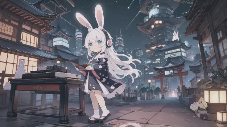 long side shot,spectacular views,anime white hair girl with headphones, wearing rabbit ears,cyberpunk outfit,japanese style arch...