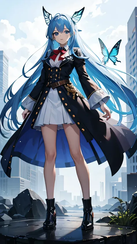 blue  hair，Blue eyeid hair，Butterfly hair ornaments，adolable，quadratic element，chiquita，Mainly in anime style，Anime art style, anime style character,，Background bokeh，Full body standing painting，Blue wind，Uniforms，leg loops，Birds are anthropomorphic，Ear fe...