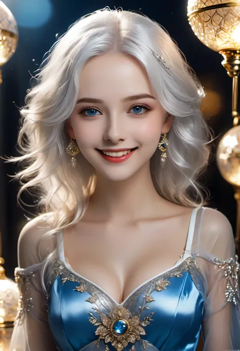 pure white hair, pure white hair, (waist length hair), shining hair, detailed hair, blue eyes, beautiful eyes, very detailed eye...