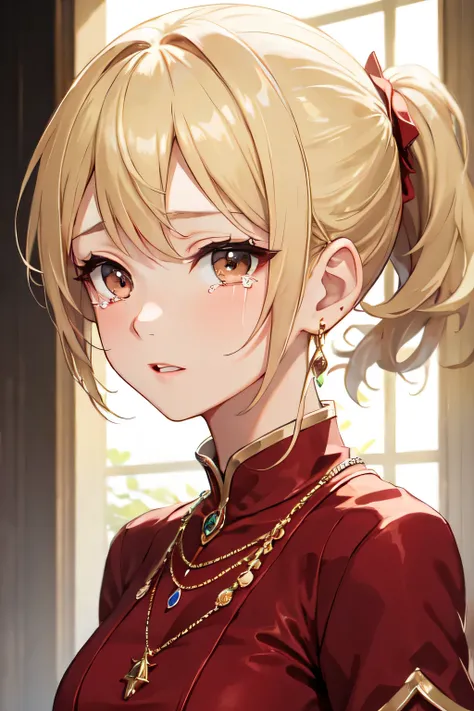 ((highest quality)), ((masterpiece)), (detailed), Perfect Face、Moved to tears、blonde、ponytail、Crimson Dress、Earrings、necklace、tearansion、