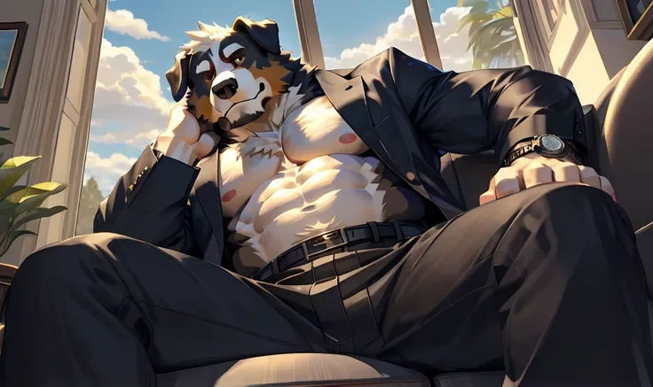 anime characters sitting on chairs，there is a dog on his lap, pov furry art, (sfw) work, hairy chest, high resolution commission...