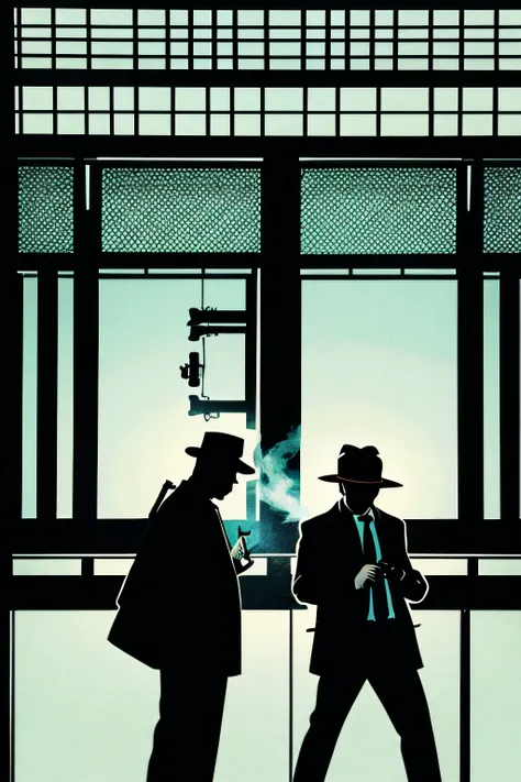 A pair of male detectives on stakeout、A 58-year-old veteran detective and a 27-year-old young detective、The veteran detective is smoking a cigarette.、Silhouette illustrations