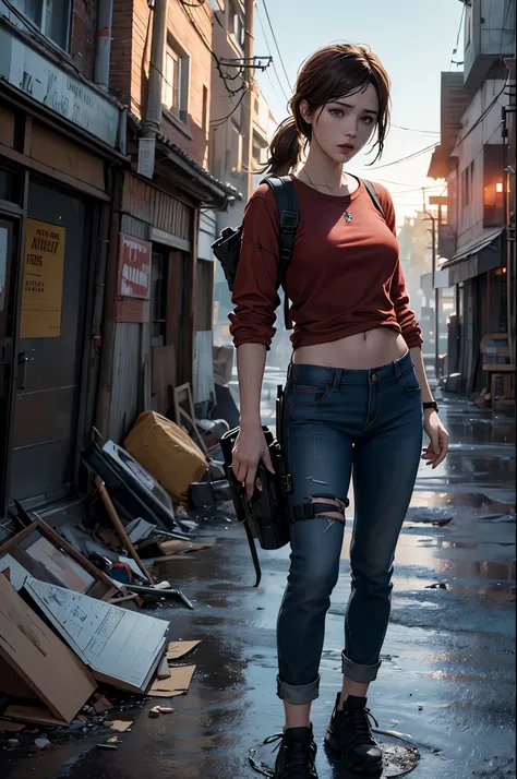 NSFW, Masterpiece, 1.4 Top Image 4K, Ellie The Last Of Us, Brown Hair, Red Shirt, Dark Blue Pants, Rendering In An Apocalyptic City, Showing Panties, Ultra Realistic, 4K Wallpaper, EnvyBetterHands LoCon.