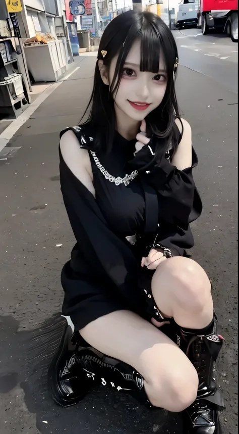 jirai girl、(((Big Breasts))), Slender body、Small Ass、Long, slender legs、Thin thighs、Short、Dark Hair、(egirl clothes and makeup), (mesugaki Smile: 1.5), (Narrowed eyes and evil smile)、Dark Alley、Super thick sole short boots、Absolute area