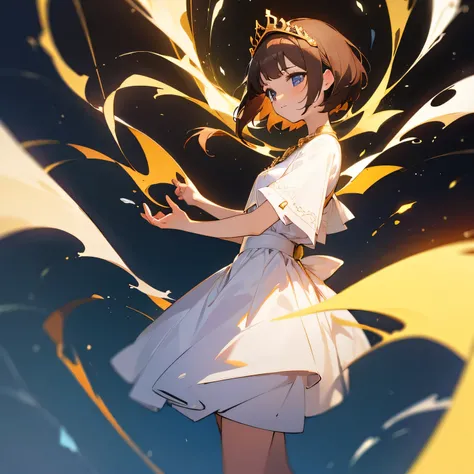 girl、brown hair、short hair、White Dress、tiara、Princess、Golden Palace