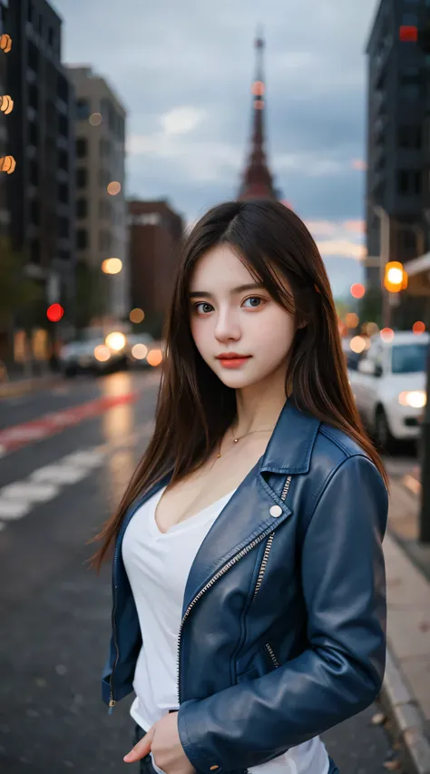 Gorgeus Girl, Beautiful, Baby Face, 20 Years Old, White Skin, Beside, Sexy Pose, long red t-shirt, Blue Eye, Bokeh, city Background, Masterpiece, asking for a hug, full body Shot, open arms, Leather Jacket Long Sleeve Zipper