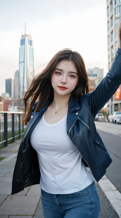 Gorgeus Girl, Beautiful, Baby Face, 20 Years Old, White Skin, Beside, Sexy Pose, long red t-shirt, Blue Eye, Bokeh, city Background, Masterpiece, asking for a hug, full body Shot, open arms, Leather Jacket Long Sleeve Zipper