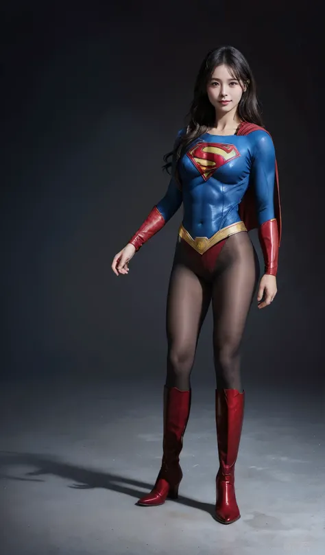 No background、(((Beautiful legs in black tights.)))、(((Legally express the beauty of your smile)))、((((Make the most of your original images)))、(((Supergirl Costume)))、(((Beautiful Hair)))、(((suffering)))、(((Please wear black tights....、Wear red boots)))、(...