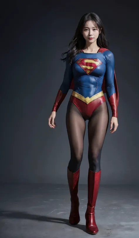 No background、(((Beautiful legs in black tights.)))、(((Legally express the beauty of your smile)))、((((Make the most of your original images)))、(((Supergirl Costume)))、(((Beautiful Hair)))、(((suffering)))、(((Please wear black tights....、Wear red boots)))、(...